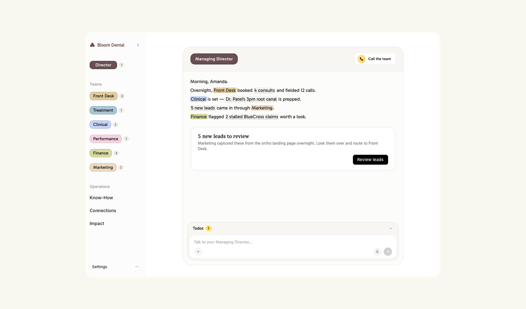 Bloom Dental team dashboard showing a Managing Director AI agent summarizing overnight activity across Front Desk, Clinical, Marketing, and Finance teams
