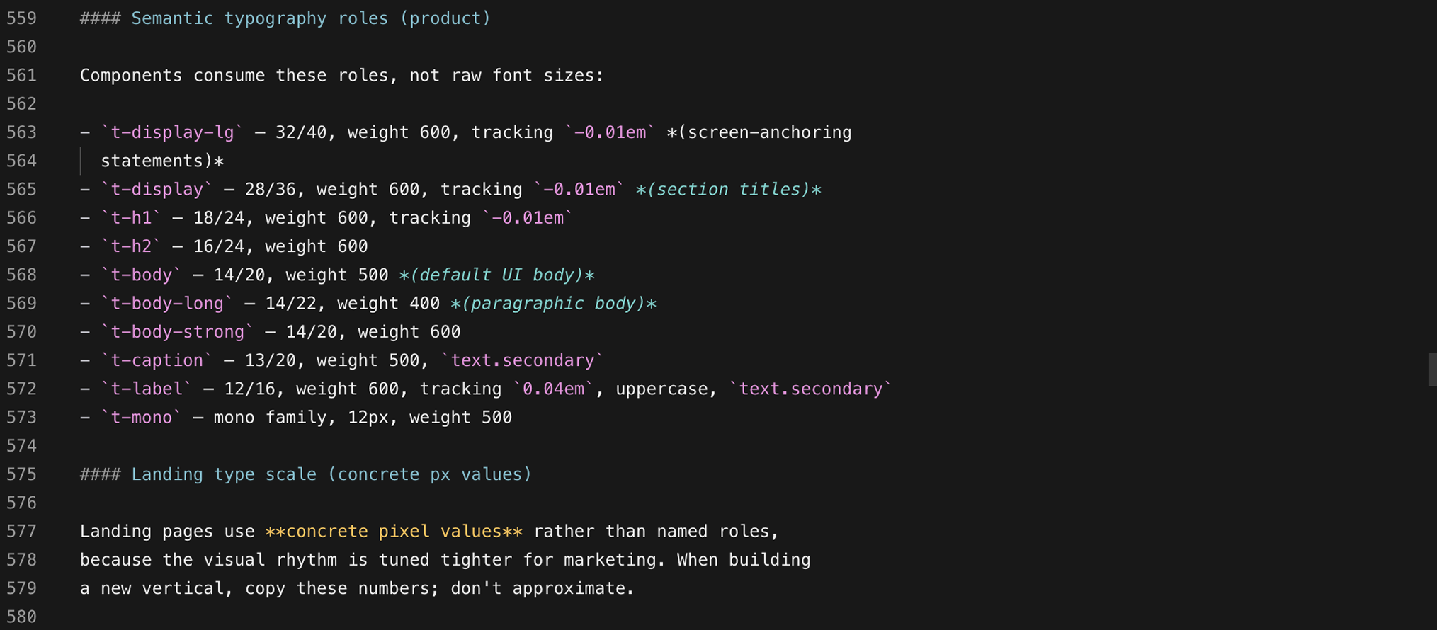 Code editor showing DESIGN.md with semantic typography role definitions like t-display, t-h1, and t-body