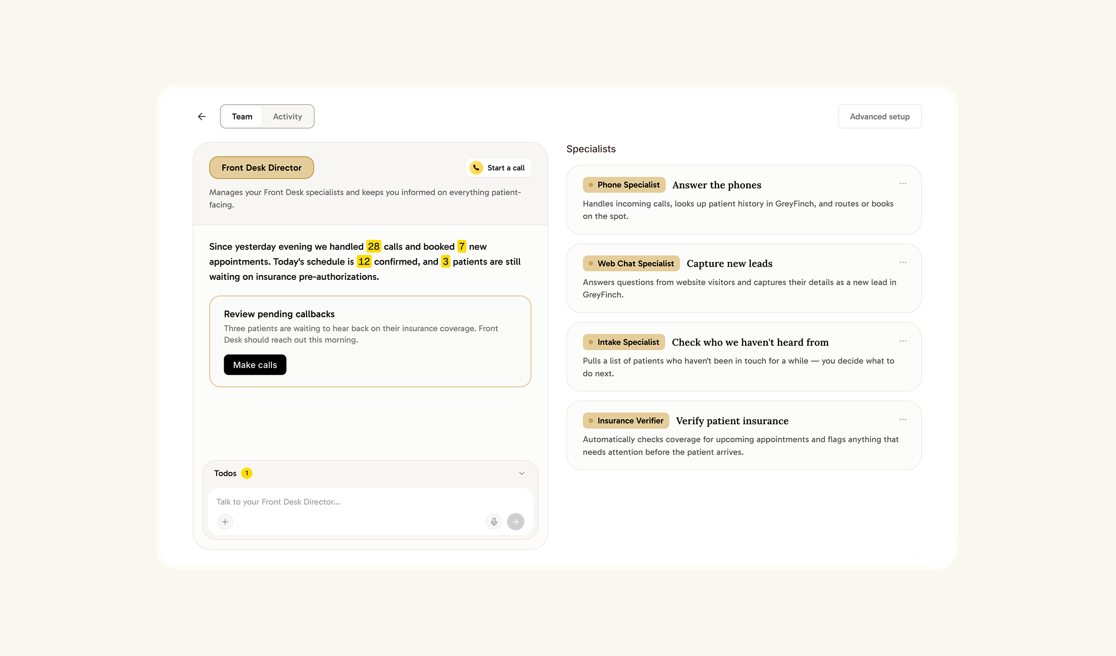 Front Desk Director chat with a call summary and a Review pending callbacks action card, next to a list of Specialists including Phone, Web Chat, Intake, and Insurance Verifier