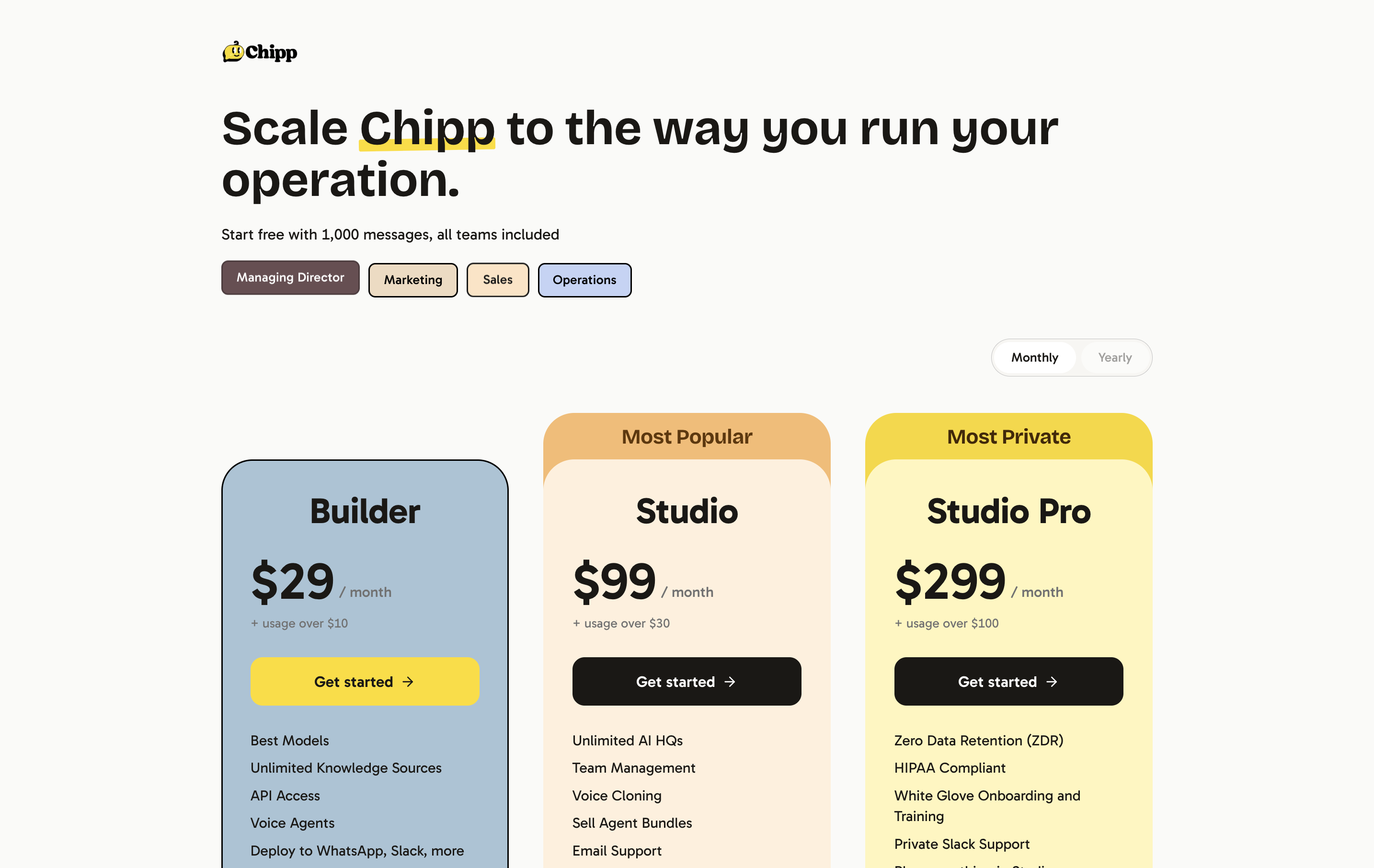 Chipp pricing marketing page with Builder, Studio, and Studio Pro plan tiers