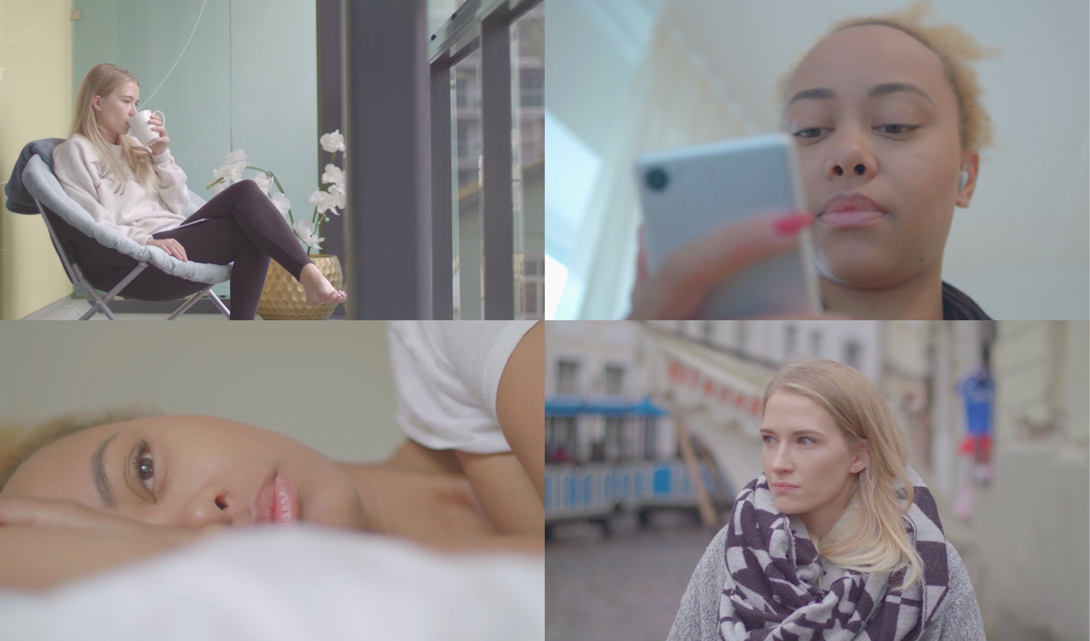 Film stills of people acting out everyday scenarios at home and on the street