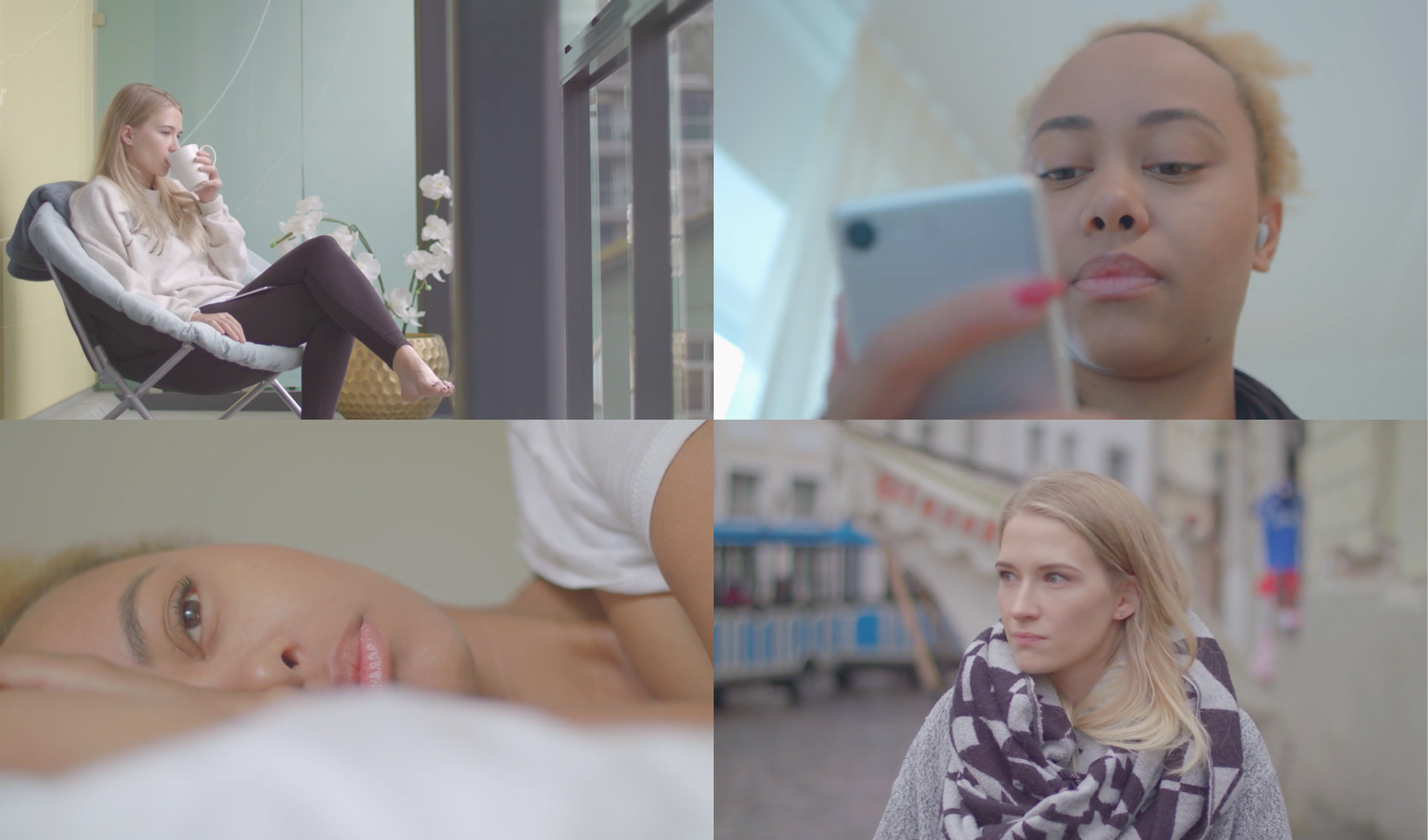 Film stills of people acting out everyday scenarios at home and on the street