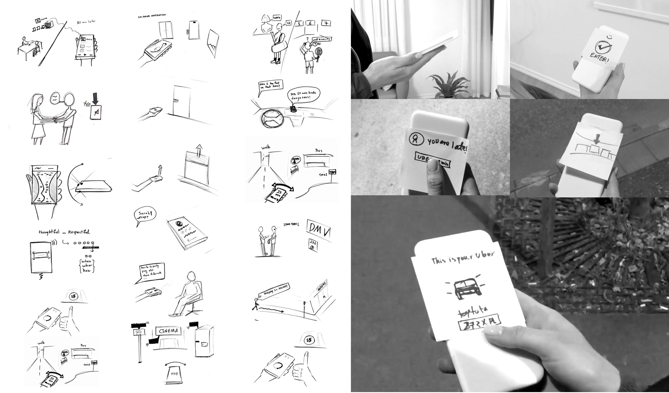 Storyboard sketches of everyday scenarios alongside photos of paper prototypes held in hand