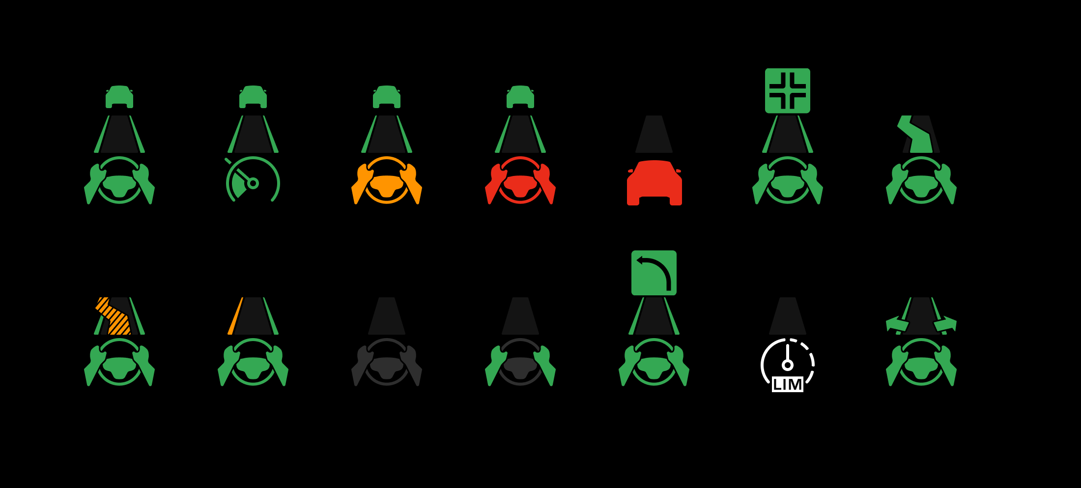Set of driver assistance system icons showing lane and steering states in green, amber and red, alongside speed limiter, distance and intersection variants