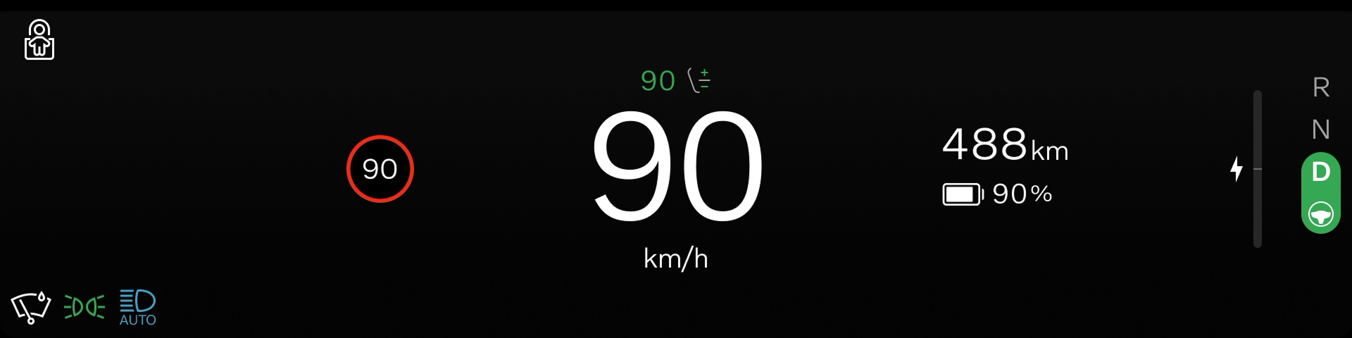 Pared-back driver display showing only speed, the speed limit, remaining range, battery level and drive mode