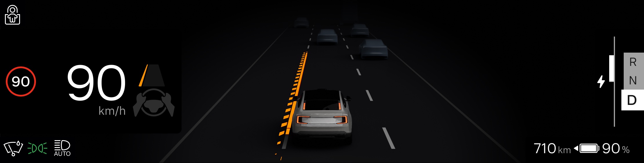 Driver display rendering the car in 3D on a night road with vehicles ahead, an orange lane keeping warning lit along the left lane line, and the speed at 90 km/h