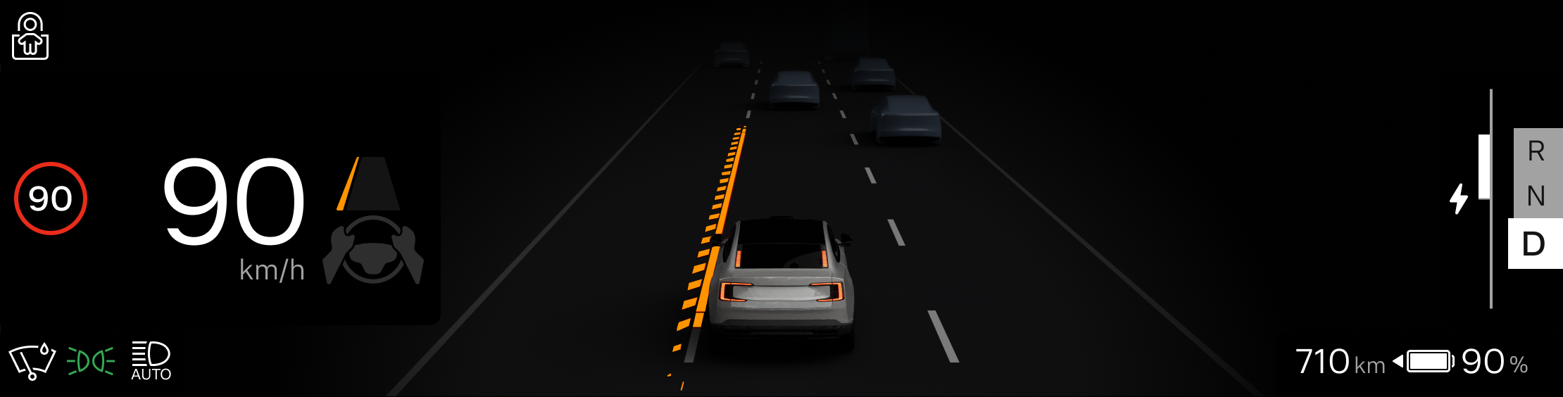 Driver display rendering the car in 3D on a night road with vehicles ahead, an orange lane keeping warning lit along the left lane line, and the speed at 90 km/h