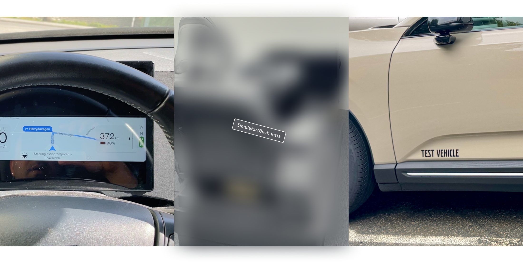 Three prototyping views: a tablet prototype of the driver display showing steering assist unavailable, a deliberately blurred simulator setup labelled Simulator/Buck tests, and a Volvo marked Test Vehicle