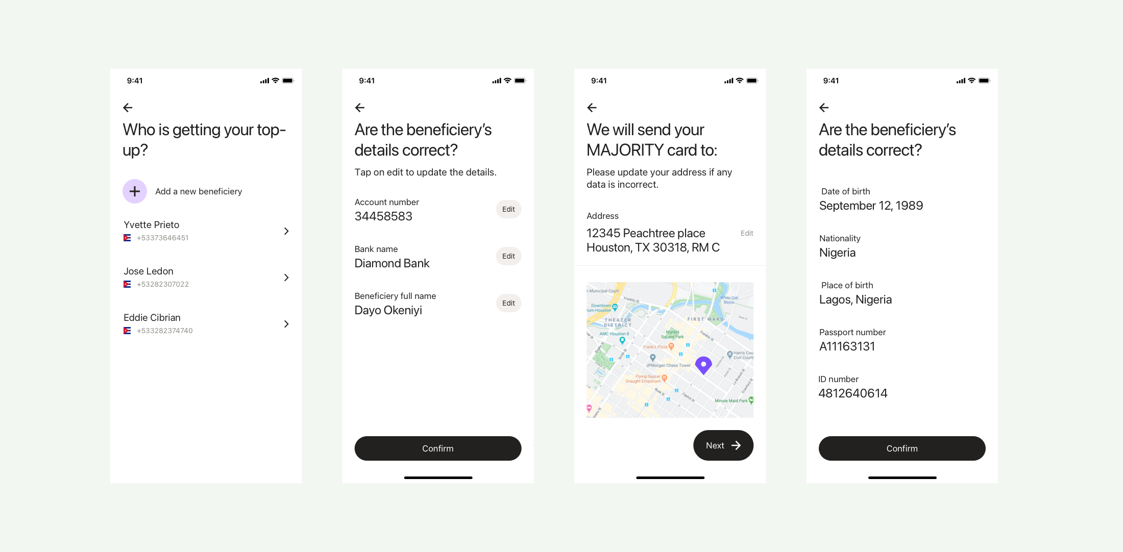 Four MAJORITY app screens walking through a top-up: choosing a beneficiary, confirming their account and bank details with each field editable, confirming the delivery address for the card on a map, and confirming identity details