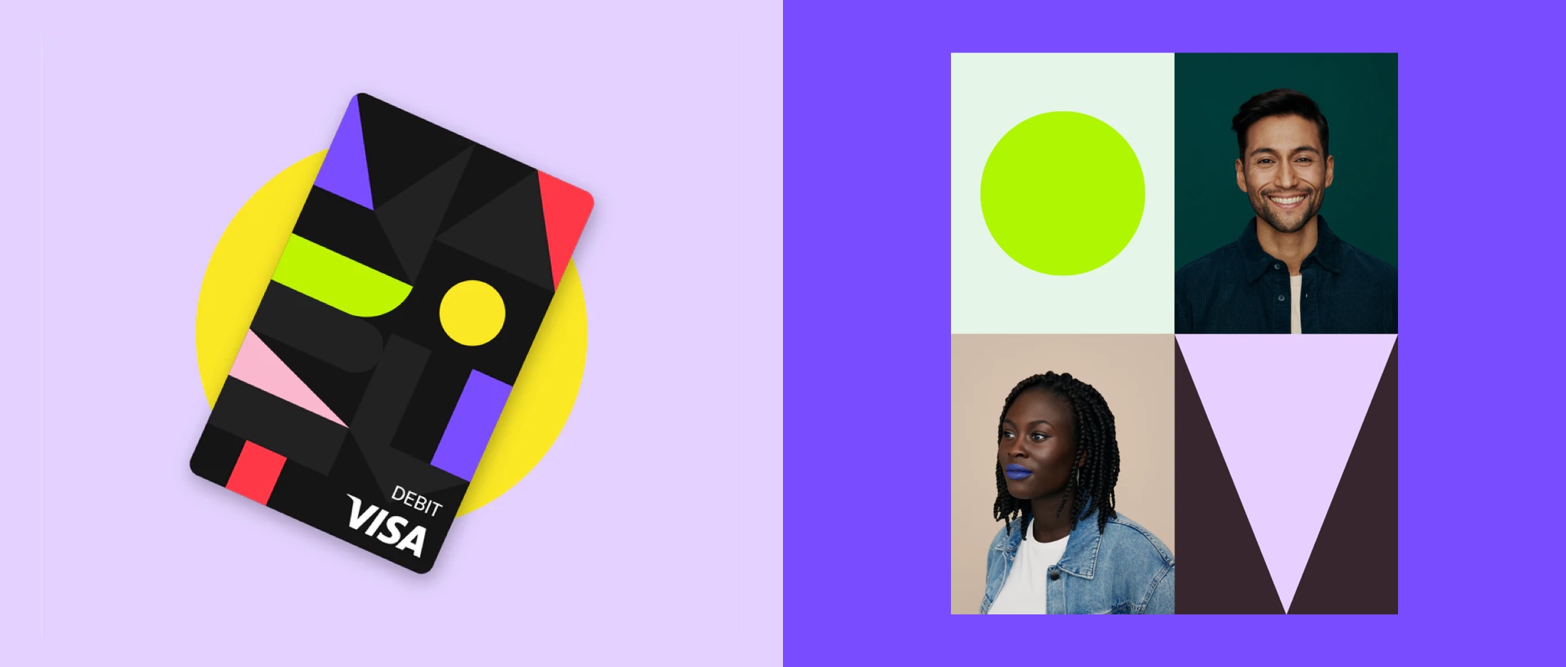 The MAJORITY Visa debit card design alongside a grid of member photos