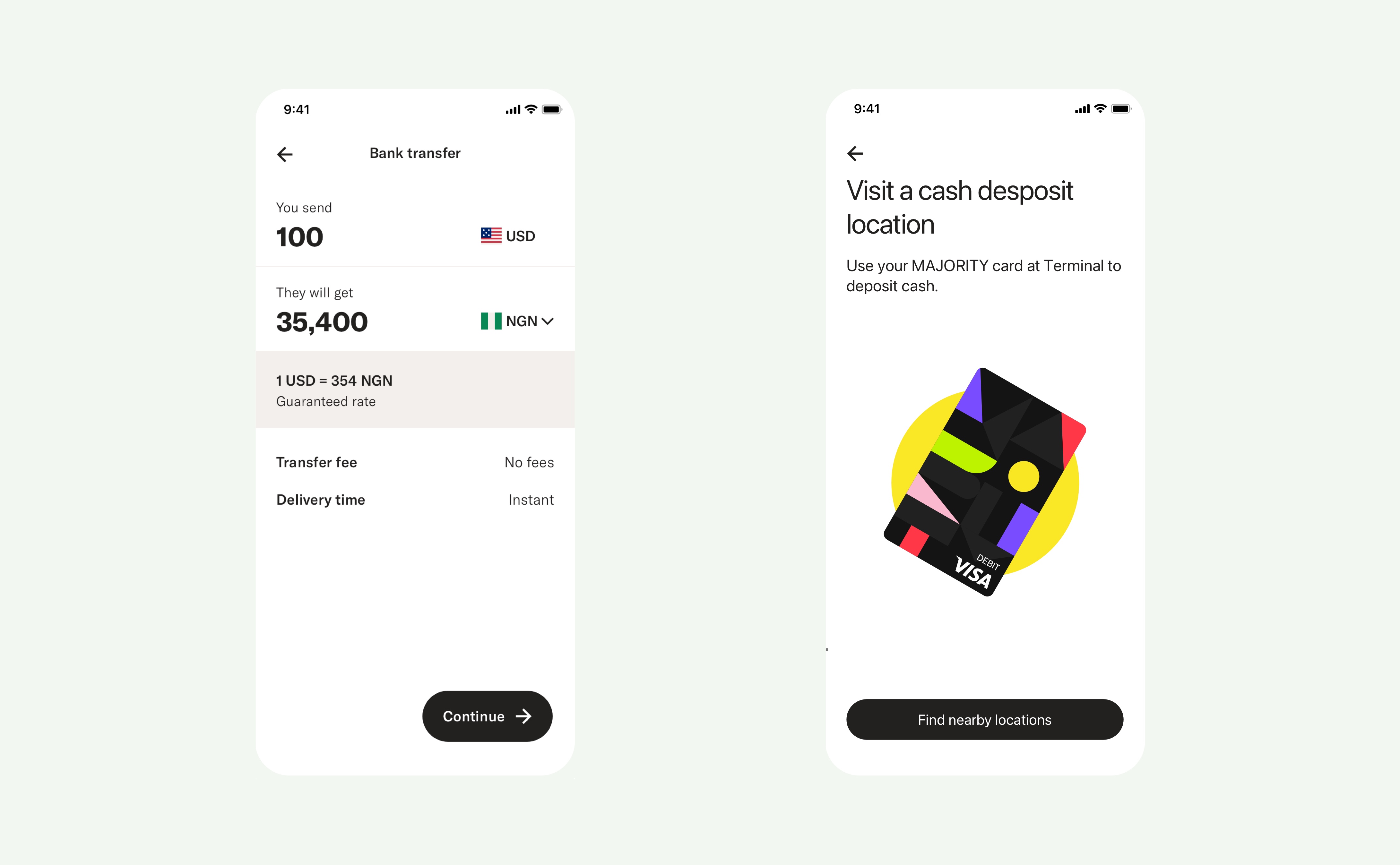 MAJORITY app screens: an international bank transfer with a guaranteed rate and no fees, beside a screen for finding a nearby cash deposit location