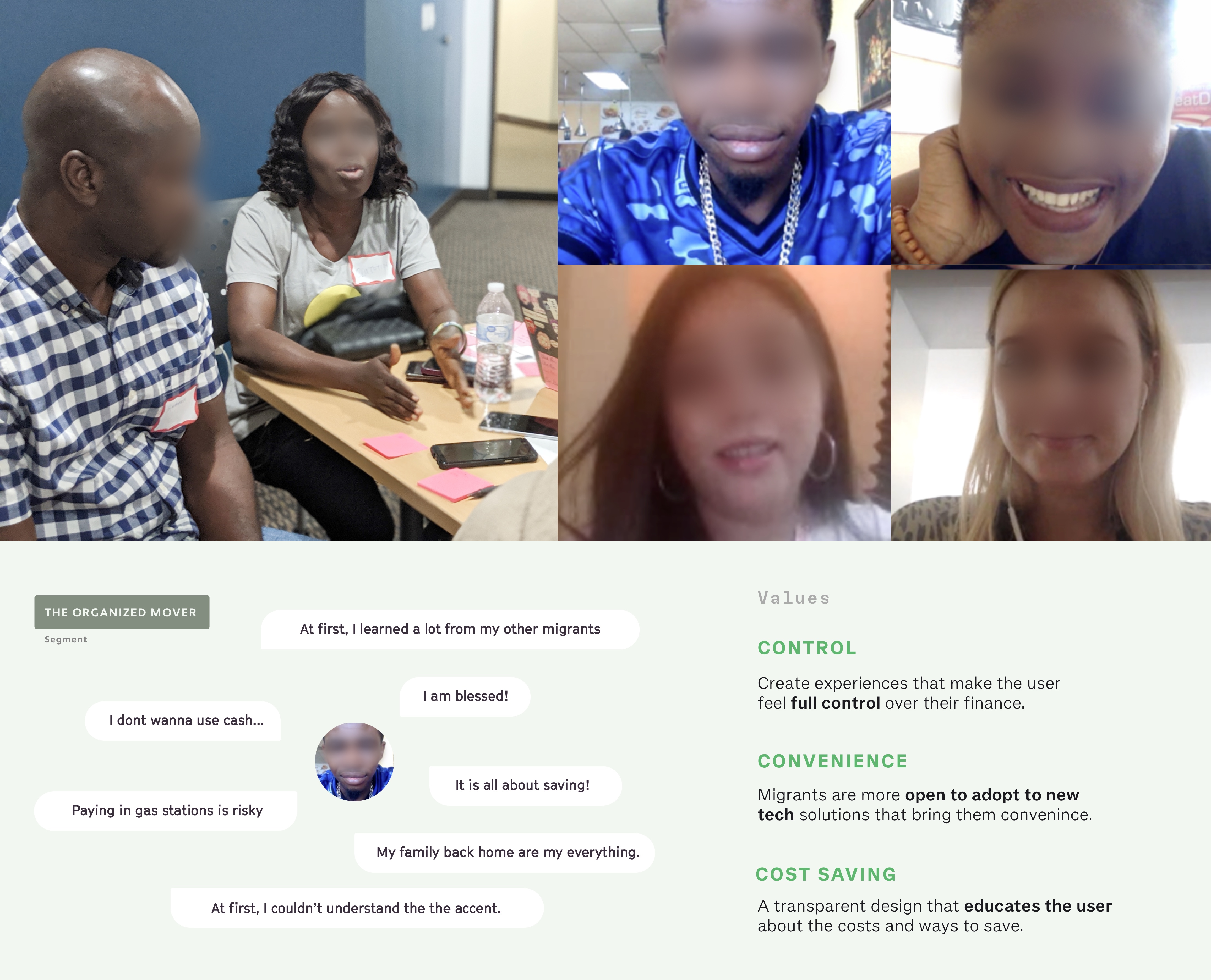 Photos of research participants, faces blurred, in interviews and video calls, above a board with quotes from the Organized Mover segment and the values of Control, Convenience, and Cost saving