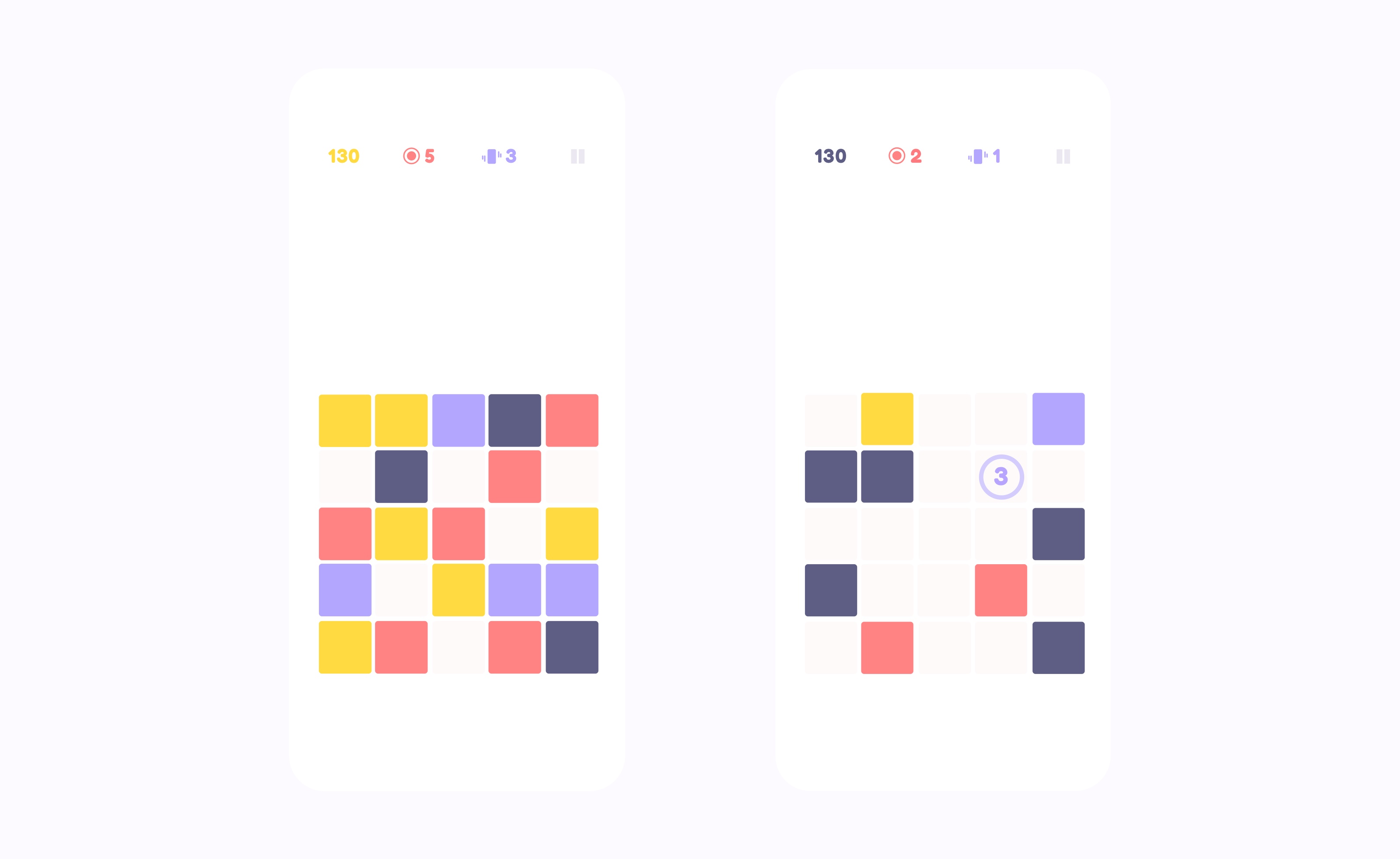 Two Blox gameplay screens: a board filled with colored blocks, and a later one mostly cleared, with a countdown marker on a remaining square