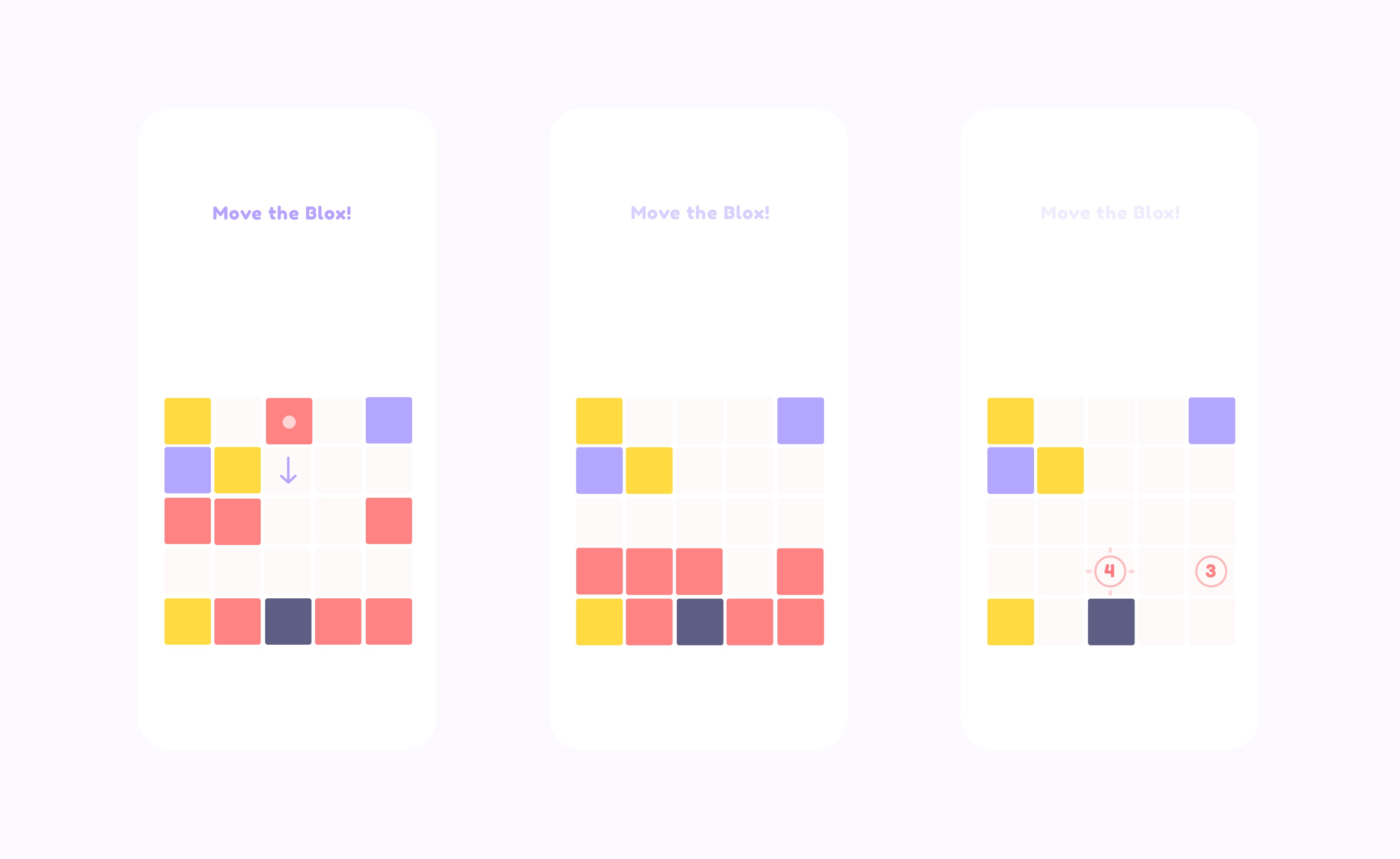 Three Move the Blox! tutorial screens: a block about to be moved down, the row it gathers, and the points that clearing it scores