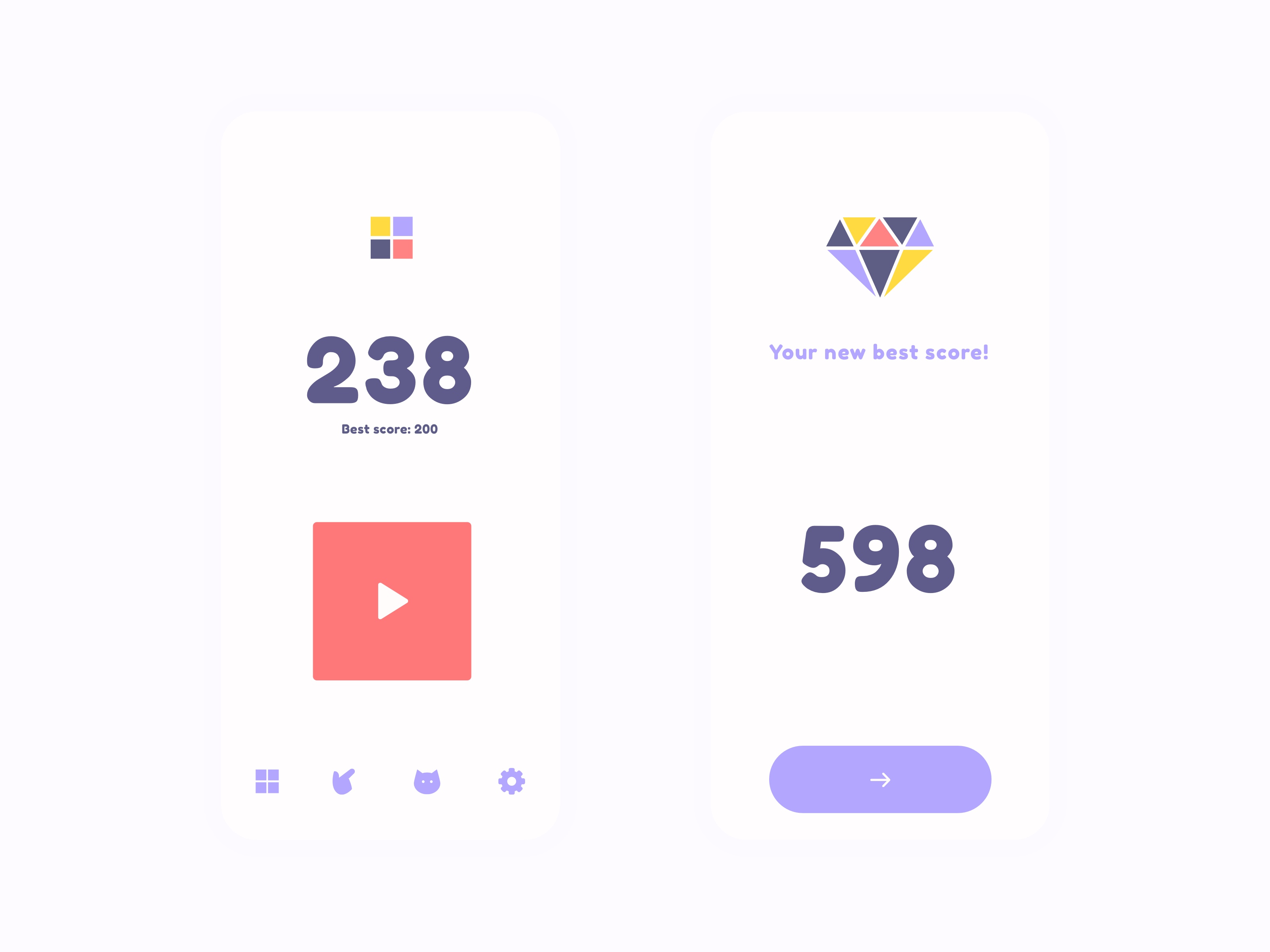 A round ending on 238 against a best of 200, beside a Your new best score! screen showing 598