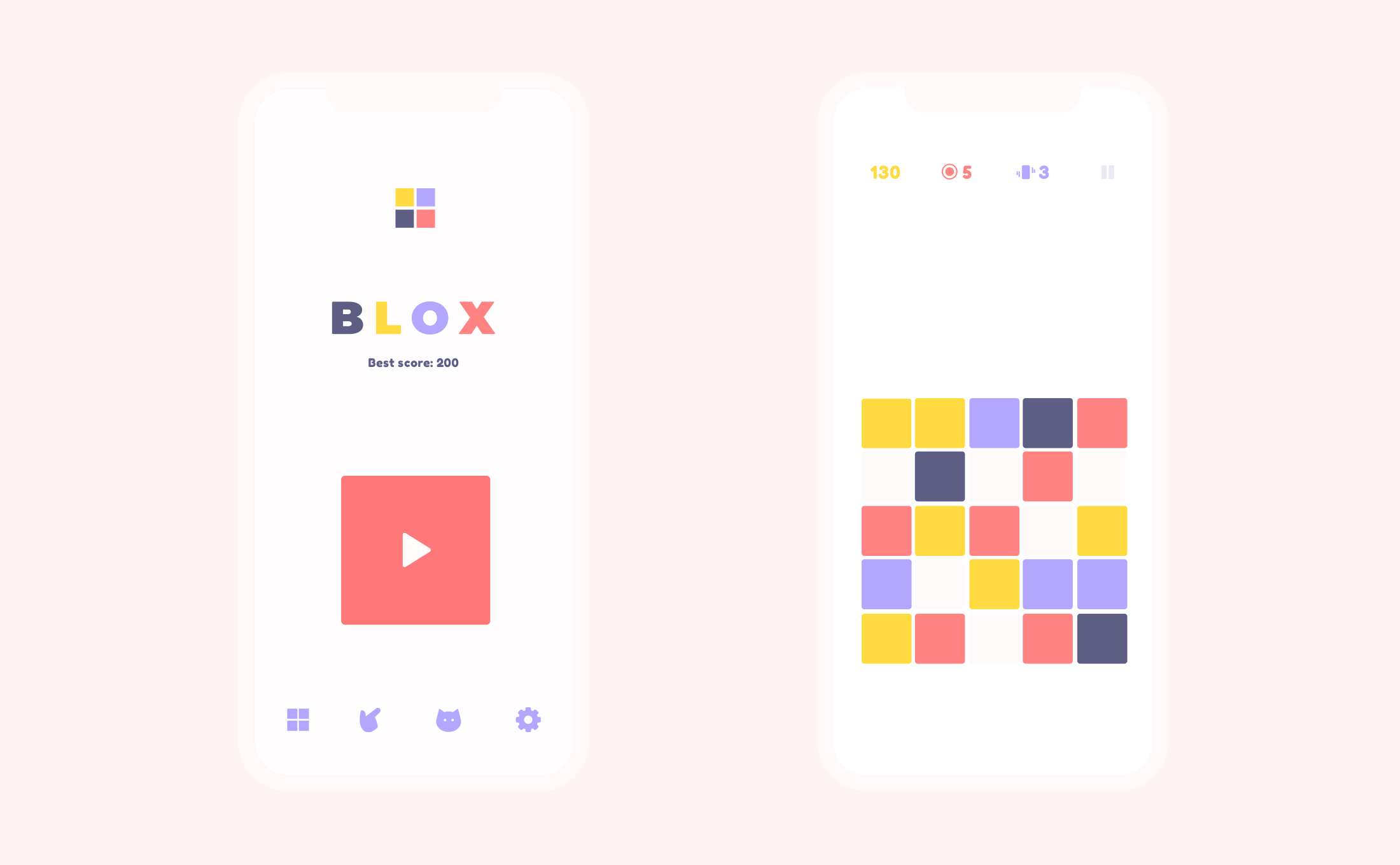 Blox home screen and new best score celebration screen