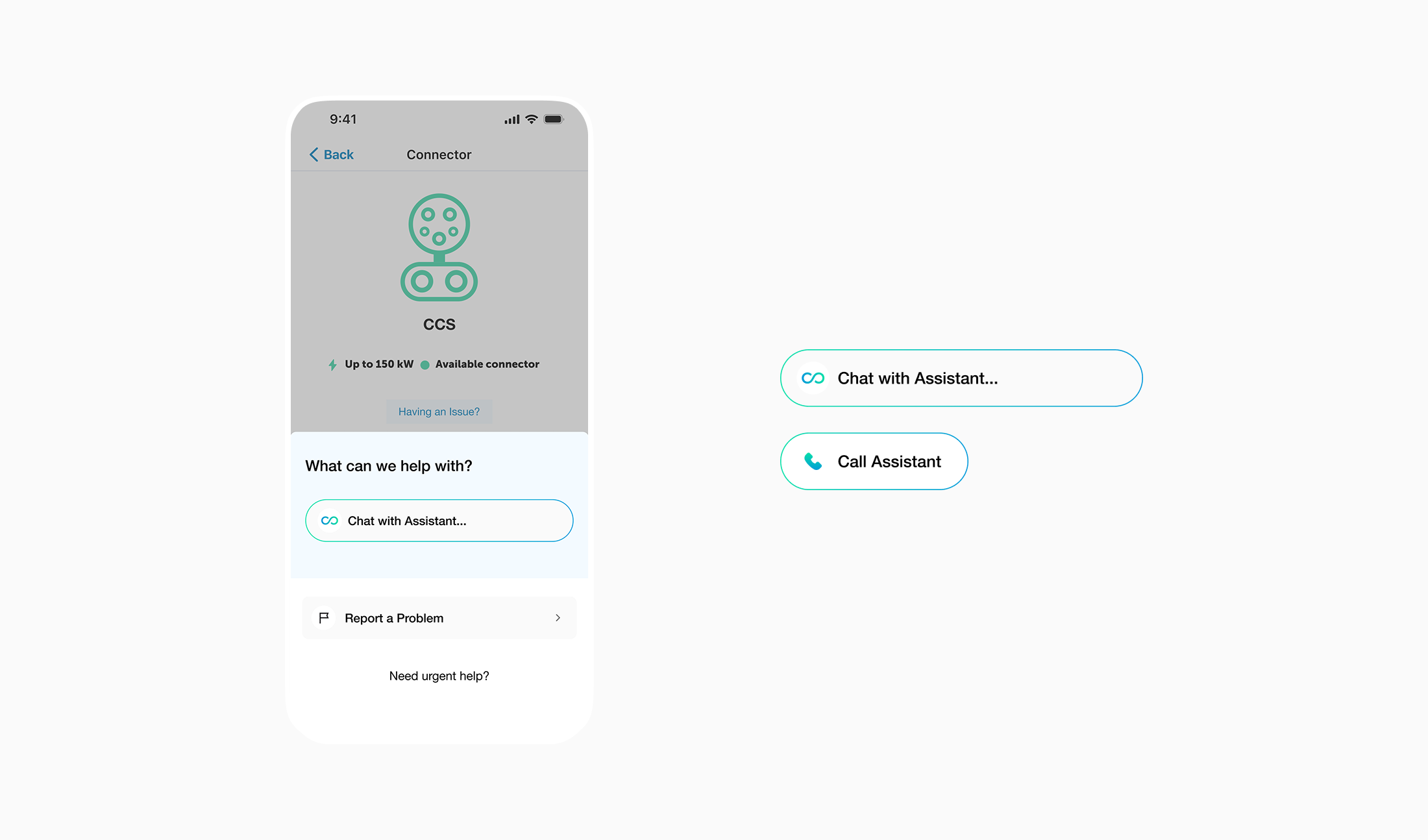 Connector screen in the app offering help when something goes wrong, with options to chat with an assistant, call an assistant, or report a problem