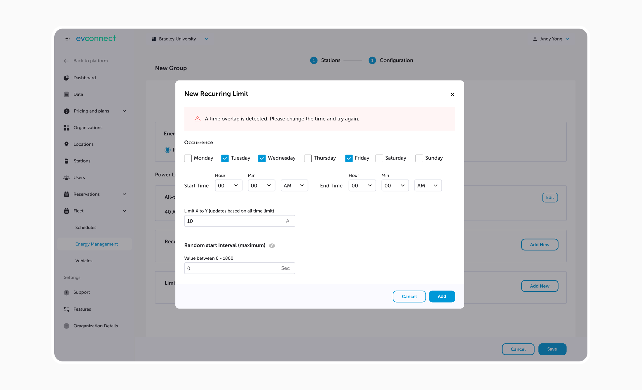 Energy management screen with the platform navigation for pricing, organizations, stations, reservations and fleet, and a New Recurring Limit modal setting days, start and end times and a power limit, showing a time overlap validation error
