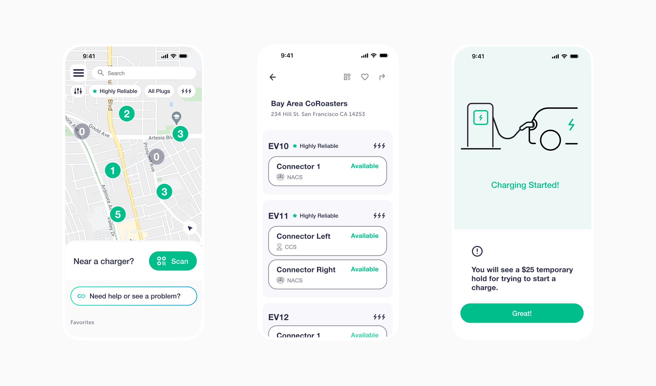 Three EV Connect app screens: a map of nearby chargers with reliability filters, a station detail view listing connector availability, and a charging started confirmation