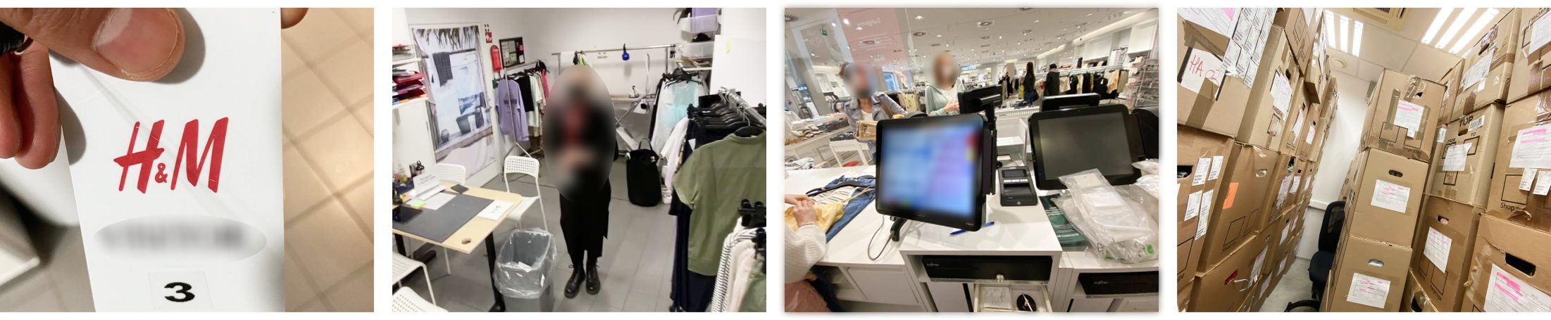 In-store research: a numbered fitting room tag, a staff back room, the checkout counter, and a stockroom stacked with boxes, with faces and screens blurred