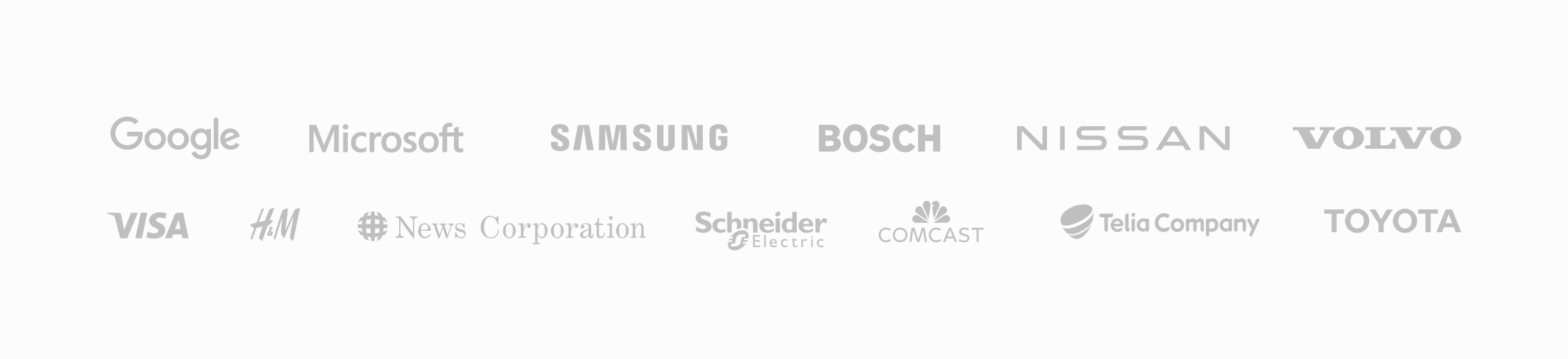 Logos of Google, Microsoft, Samsung, Bosch, Nissan, Volvo, Visa, H&M, News Corporation, Schneider Electric, Comcast, Telia, and Toyota
