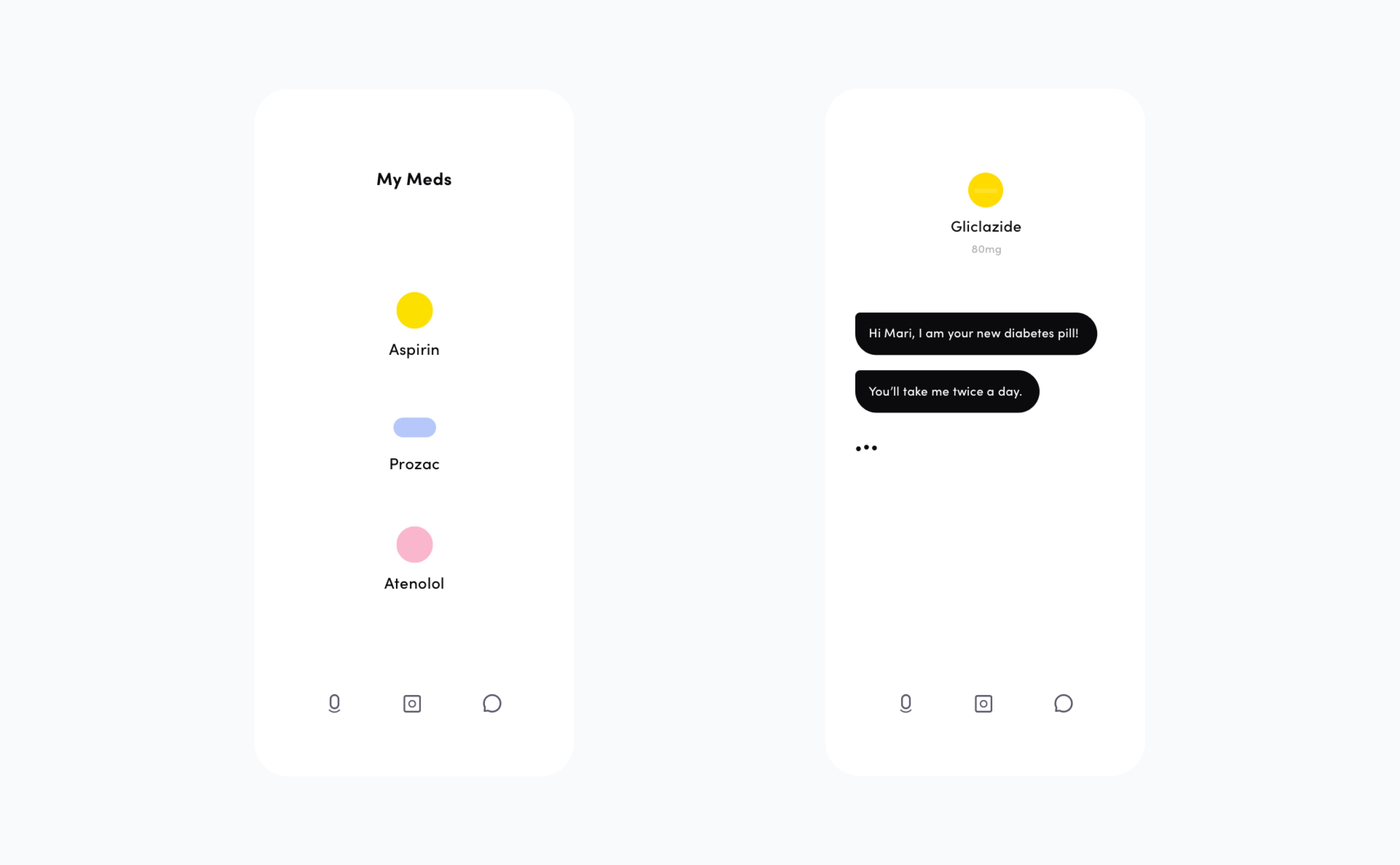 PharmaWise app screens: a My Meds list of prescriptions beside a medication introducing itself in conversation