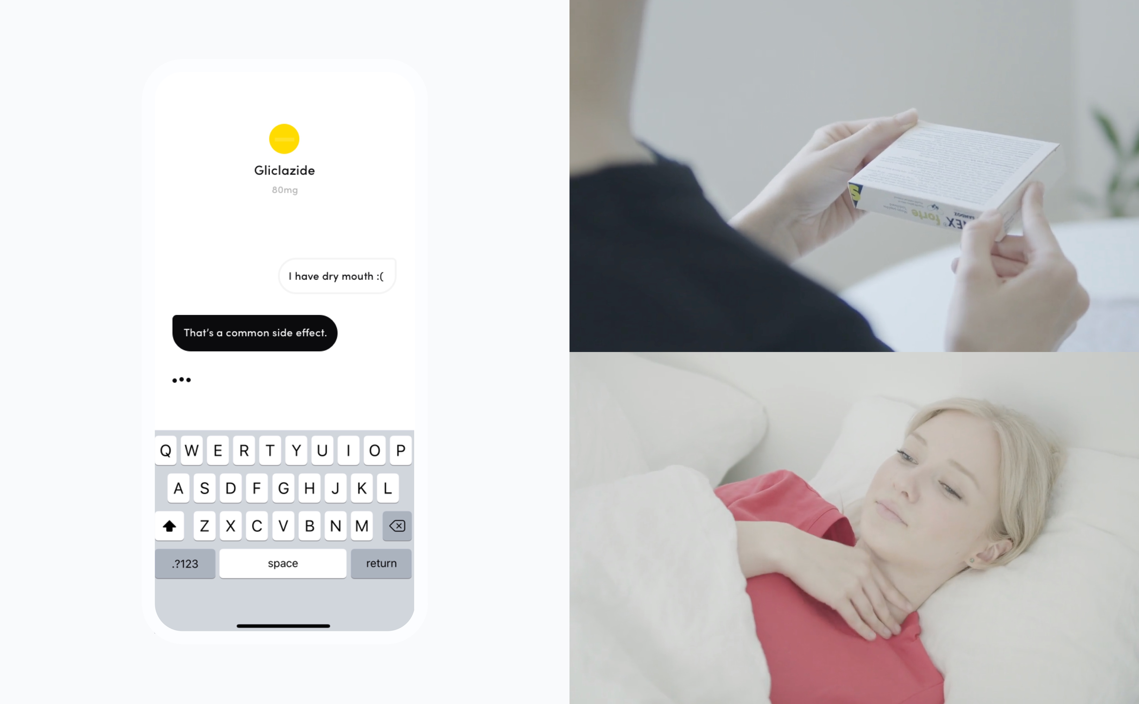The app replying that dry mouth is a common side effect, beside photos of someone reading a medication leaflet and resting on a sofa