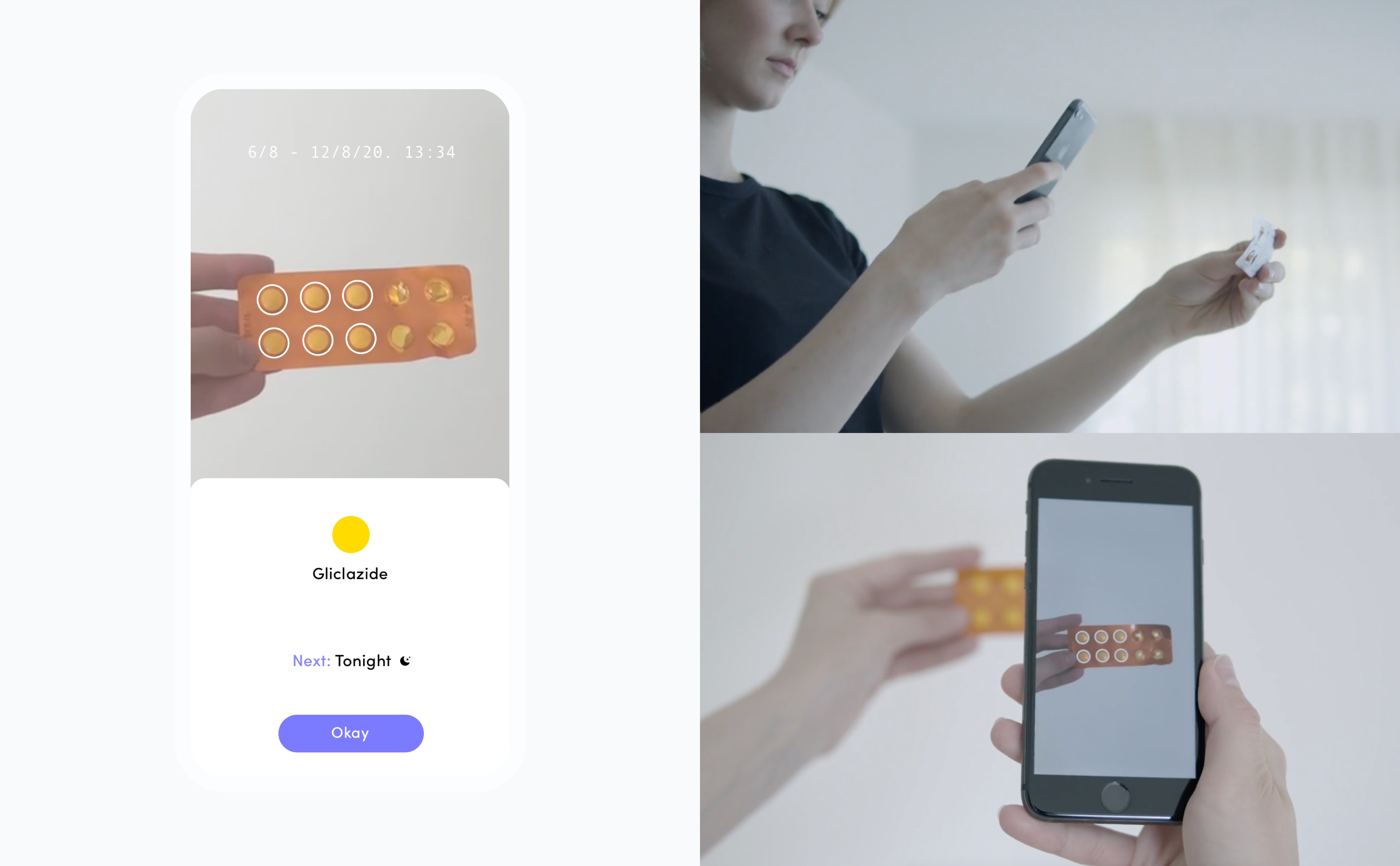 The app camera recognizing a blister pack as Gliclazide and showing when the next dose is due, beside photos of someone scanning their medication