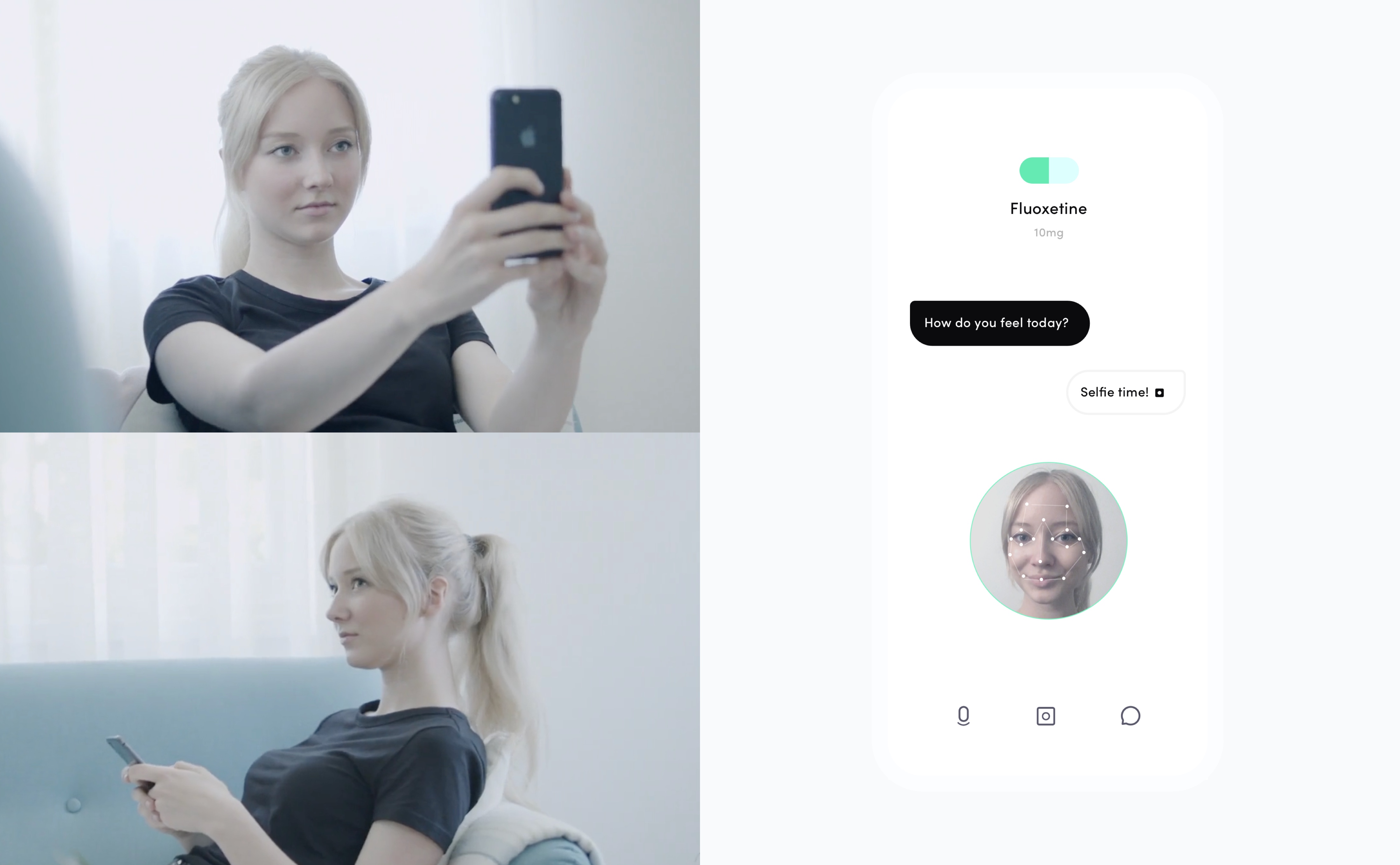 Photos of someone taking a selfie, beside a screen where the medication asks how they feel and reads their expression
