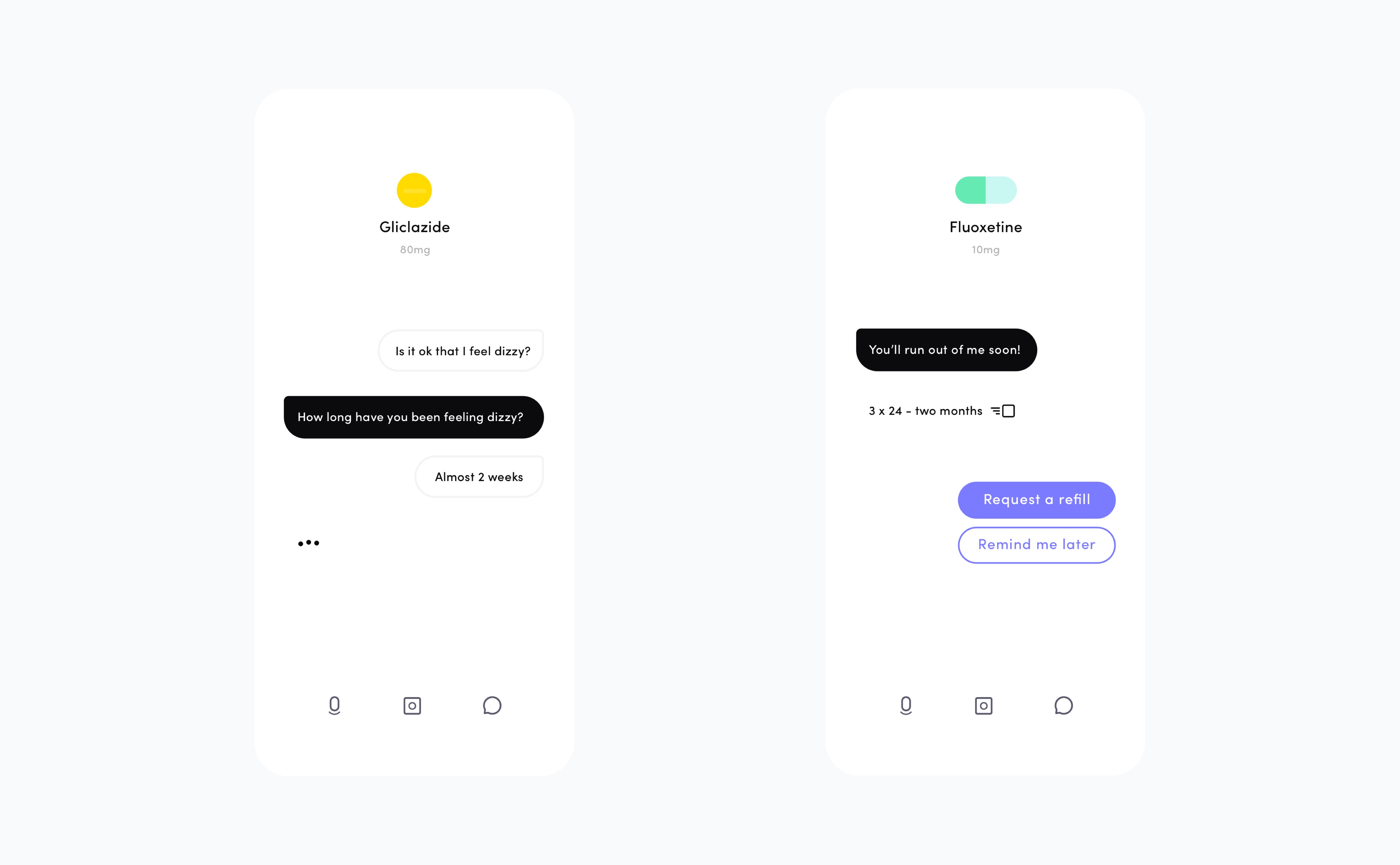 PharmaWise app screens: a My Meds list of prescriptions beside a medication introducing itself in conversation