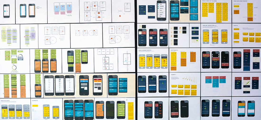 Wall of Peek Calendar wireframes and interaction sketches