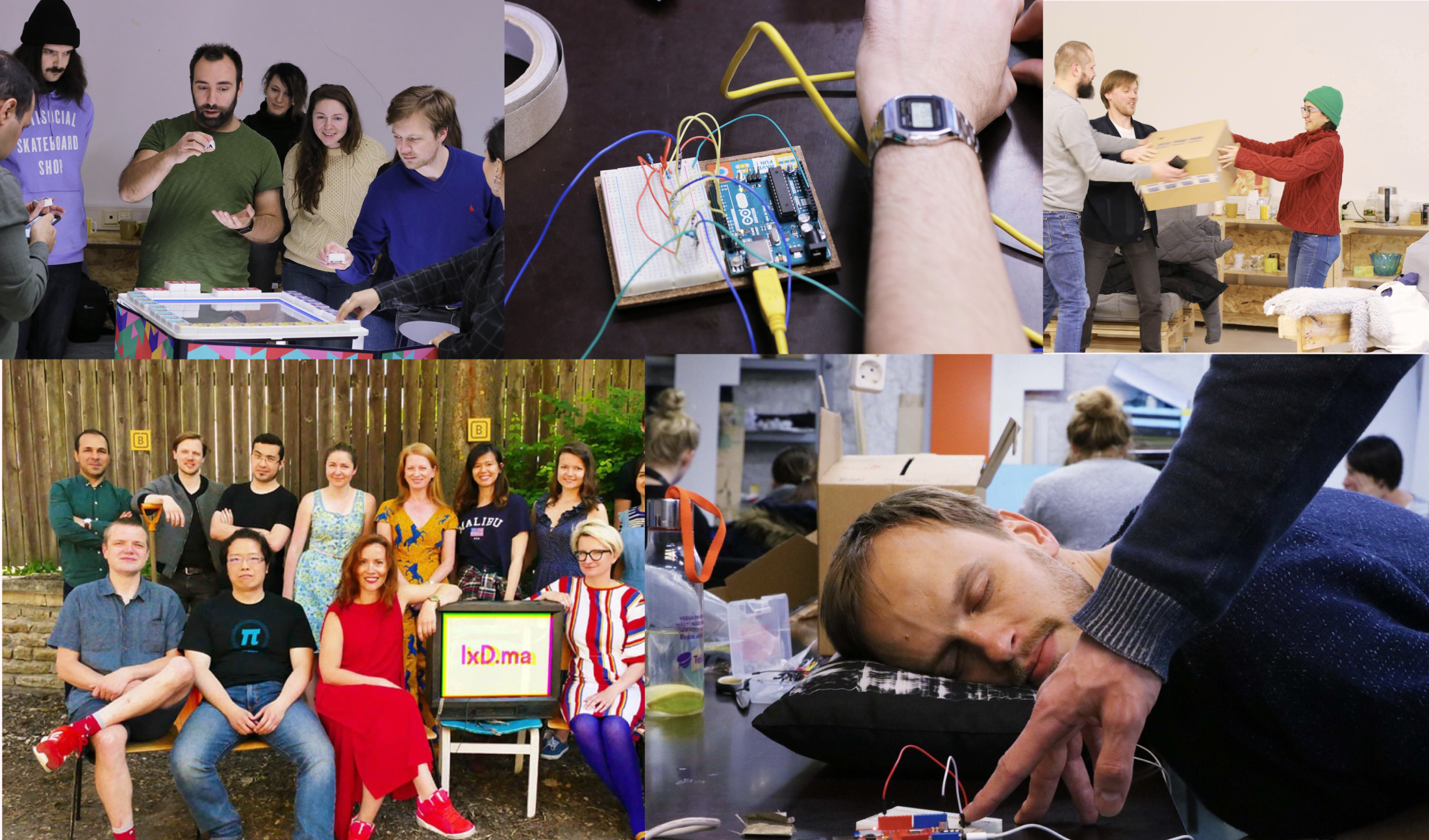 Collage of IxD.ma program photos: students prototyping, presenting, and group portraits